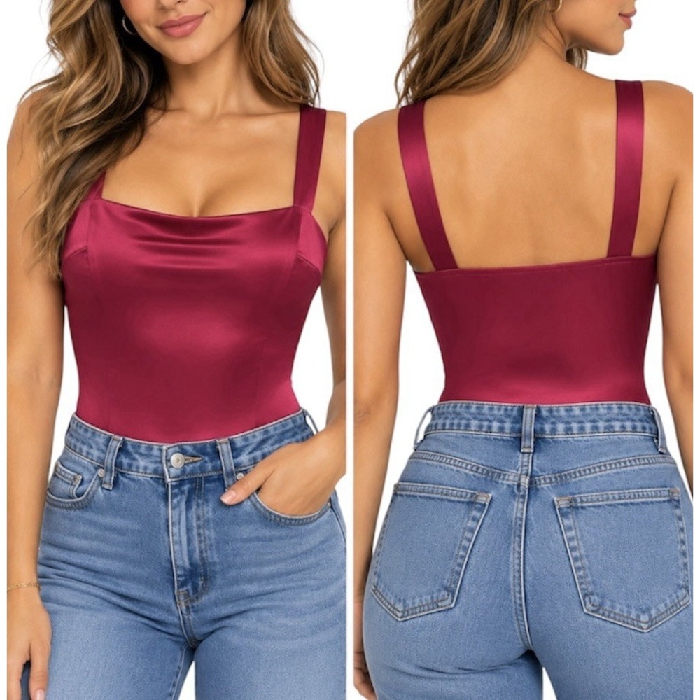 Lulu's Women's Magenta Berry Pink Satin Knit Sleeveless Bodysuit Medium New